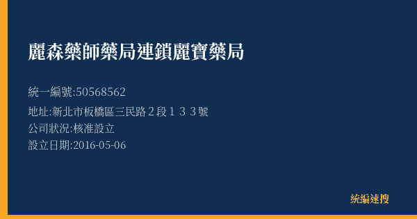 麗森藥師藥局連鎖麗寶藥局的照片-統編 50568562(新北市) 公司登記資料與營業項目詳細圖表