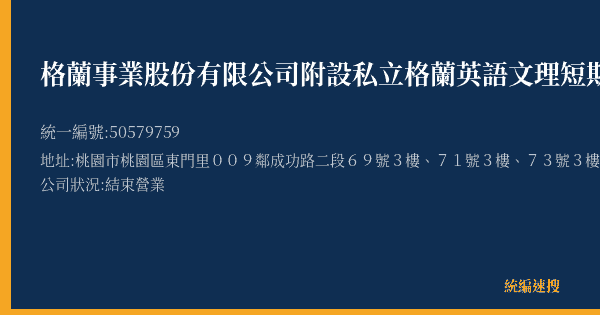 格蘭事業股份有限公司附設私立格蘭英語文理短期補習班的照片-統編 50579759(桃園市) 公司登記資料與營業項目詳細圖表