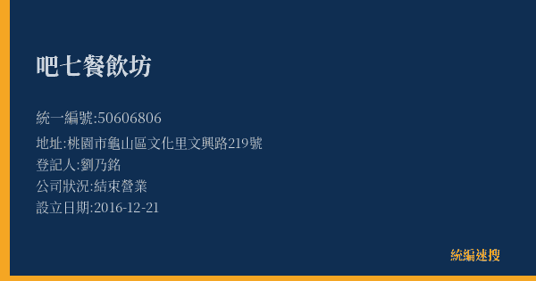 吧七餐飲坊的照片-統編 50606806(桃園市) 公司登記資料與營業項目詳細圖表