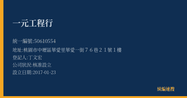 一元工程行的照片-統編 50610554(桃園市) 公司登記資料與營業項目詳細圖表