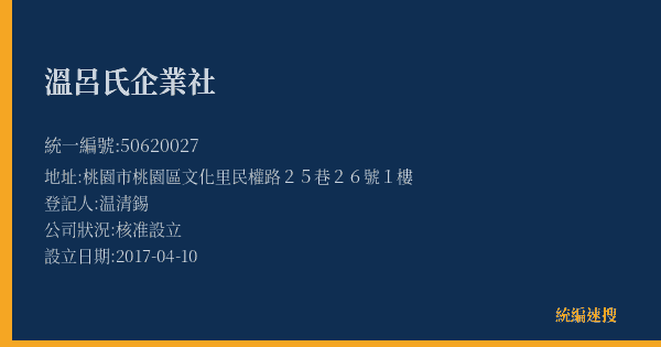 溫呂氏企業社的照片-統編 50620027(桃園市) 公司登記資料與營業項目詳細圖表