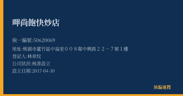 呷尚飽快炒店的照片-統編 50620069(桃園市) 公司登記資料與營業項目詳細圖表