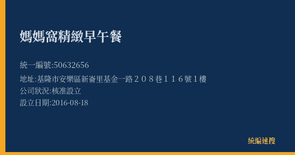 媽媽窩精緻早午餐的照片-統編 50632656(基隆市) 公司登記資料與營業項目詳細圖表