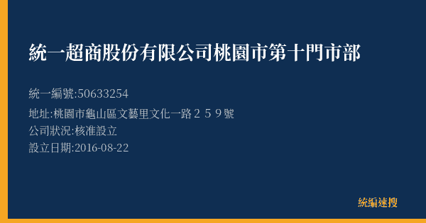統一超商股份有限公司桃園市第十門市部的照片-統編 50633254(桃園市) 公司登記資料與營業項目詳細圖表