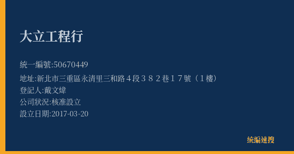 大立工程行的照片-統編 50670449(新北市) 公司登記資料與營業項目詳細圖表