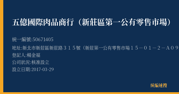 五億國際肉品商行(新莊區第一公有零售市場)的照片-統編 50671405(新北市) 公司登記資料與營業項目詳細圖表