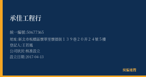 承佳工程行的照片-統編 50677365(新北市) 公司登記資料與營業項目詳細圖表