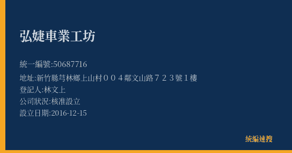 弘婕車業工坊的照片-統編 50687716(新竹縣) 公司登記資料與營業項目詳細圖表