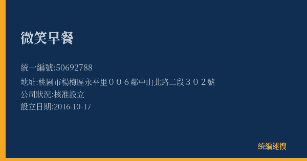 微笑早餐的照片-統編 50692788(桃園市) 公司登記資料與營業項目詳細圖表