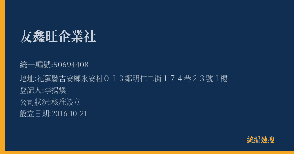 友鑫旺企業社的照片-統編 50694408(花蓮縣) 公司登記資料與營業項目詳細圖表