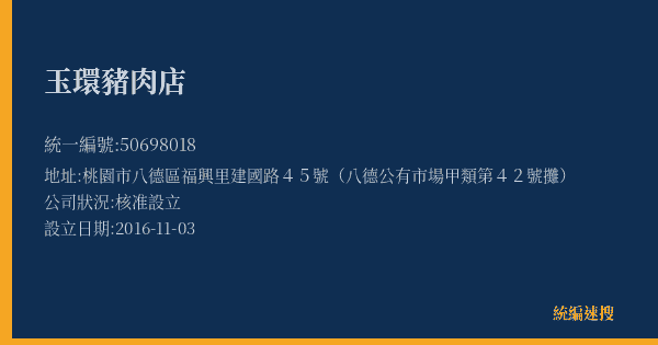 玉環豬肉店的照片-統編 50698018(桃園市) 公司登記資料與營業項目詳細圖表