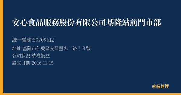 安心食品服務股份有限公司基隆站前門市部的照片-統編 50709612(基隆市) 公司登記資料與營業項目詳細圖表