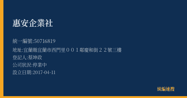 惠安企業社的照片-統編 50716819(宜蘭縣) 公司登記資料與營業項目詳細圖表