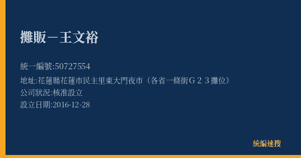 攤販-王文裕的照片-統編 50727554(花蓮縣) 公司登記資料與營業項目詳細圖表