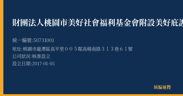 財團法人桃園市美好社會福利基金會附設美好庇護工場的照片-統編 50731001(桃園市) 公司登記資料與營業項目詳細圖表