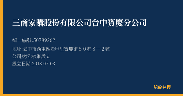 三商家購股份有限公司台中寶慶分公司的照片-統編 50789262(臺中市) 公司登記資料與營業項目詳細圖表