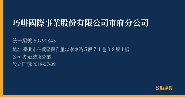 巧啡國際事業股份有限公司市府分公司的照片-統編 50790845(臺北市) 公司登記資料與營業項目詳細圖表
