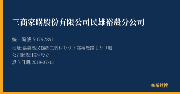 三商家購股份有限公司民雄裕農分公司的照片-統編 50792891(嘉義縣) 公司登記資料與營業項目詳細圖表
