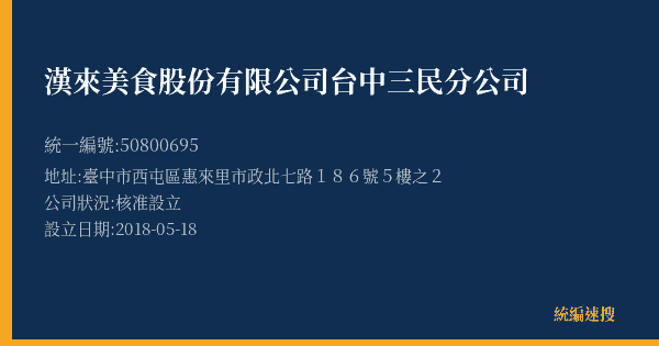 漢來美食股份有限公司台中三民分公司的照片-統編 50800695(臺中市) 公司登記資料與營業項目詳細圖表