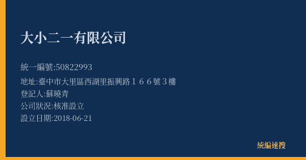 大小二一有限公司的照片-統編 50822993(臺中市) 公司登記資料與營業項目詳細圖表
