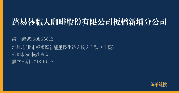 路易莎職人咖啡股份有限公司板橋新埔分公司的照片-統編 50856613(新北市) 公司登記資料與營業項目詳細圖表