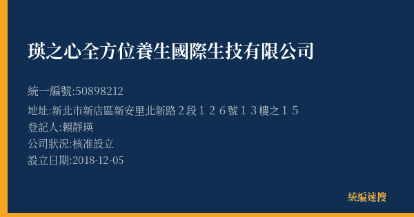 瑛之心全方位養生國際生技有限公司的照片-統編 50898212(新北市) 公司登記資料與營業項目詳細圖表