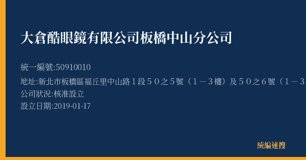 大倉酷眼鏡有限公司板橋中山分公司的照片-統編 50910010(新北市) 公司登記資料與營業項目詳細圖表