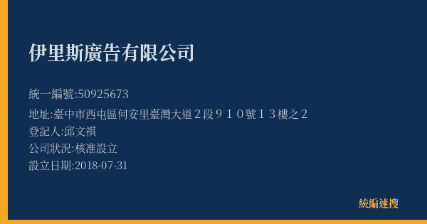 伊里斯廣告有限公司的照片-統編 50925673(臺中市) 公司登記資料與營業項目詳細圖表