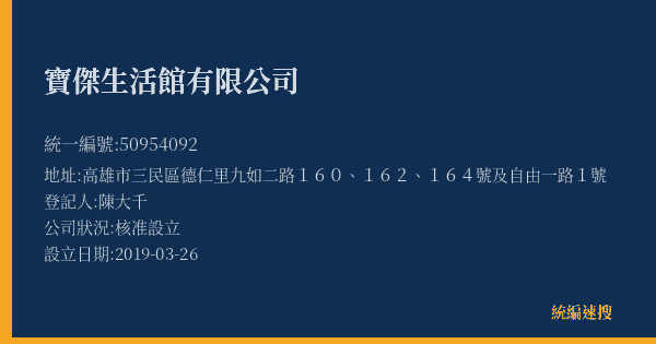 寶傑生活館有限公司的照片-統編 50954092(高雄市) 公司登記資料與營業項目詳細圖表