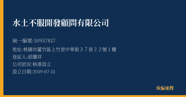 水土不服開發顧問有限公司的照片-統編 50957817(桃園市) 公司登記資料與營業項目詳細圖表