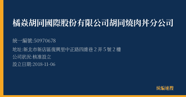 橘焱胡同國際股份有限公司胡同燒肉丼分公司的照片-統編 50970678(新北市) 公司登記資料與營業項目詳細圖表