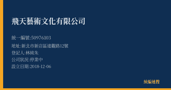 飛天藝術文化有限公司的照片-統編 50976103(新北市) 公司登記資料與營業項目詳細圖表