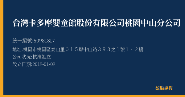 台灣卡多摩嬰童館股份有限公司桃園中山分公司的照片-統編 50981817(桃園市) 公司登記資料與營業項目詳細圖表