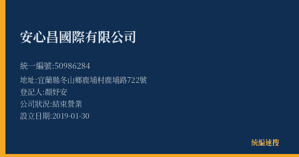 安心昌國際有限公司的照片-統編 50986284(宜蘭縣) 公司登記資料與營業項目詳細圖表