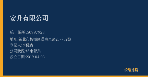 安升有限公司的照片-統編 50997923(新北市) 公司登記資料與營業項目詳細圖表