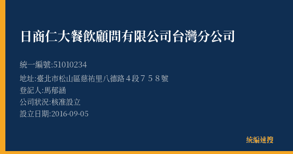 日商仁大餐飲顧問有限公司台灣分公司的照片-統編 51010234(臺北市) 公司登記資料與營業項目詳細圖表
