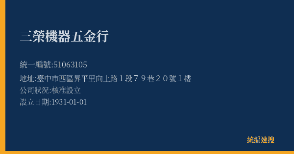 三榮機器五金行的照片-統編 51063105(臺中市) 公司登記資料與營業項目詳細圖表