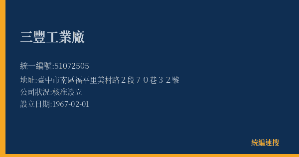 三豐工業廠的照片-統編 51072505(臺中市) 公司登記資料與營業項目詳細圖表