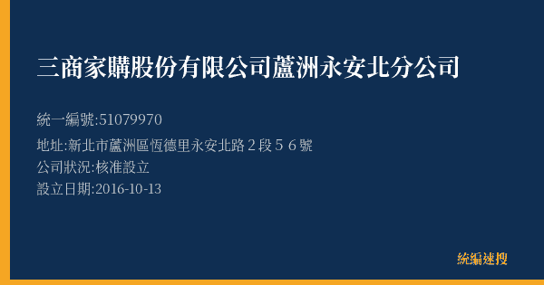 三商家購股份有限公司蘆洲永安北分公司的照片-統編 51079970(新北市) 公司登記資料與營業項目詳細圖表