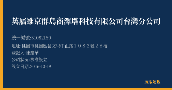 英屬維京群島商澤塔科技有限公司台灣分公司的照片-統編 51082150(桃園市) 公司登記資料與營業項目詳細圖表