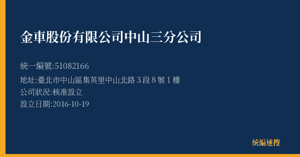 金車股份有限公司中山三分公司的照片-統編 51082166(臺北市) 公司登記資料與營業項目詳細圖表