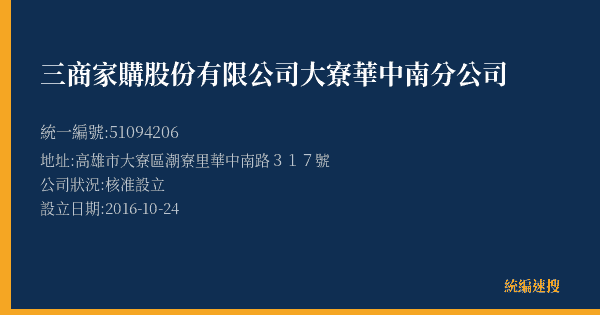 三商家購股份有限公司大寮華中南分公司的照片-統編 51094206(高雄市) 公司登記資料與營業項目詳細圖表