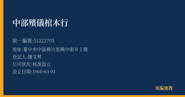 中部殯儀棺木行的照片-統編 51122701(臺中市) 公司登記資料與營業項目詳細圖表