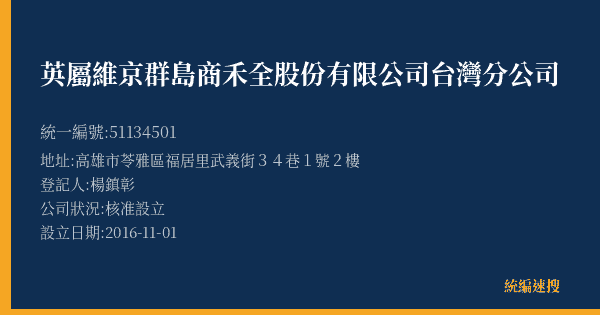 英屬維京群島商禾全股份有限公司台灣分公司的照片-統編 51134501(高雄市) 公司登記資料與營業項目詳細圖表