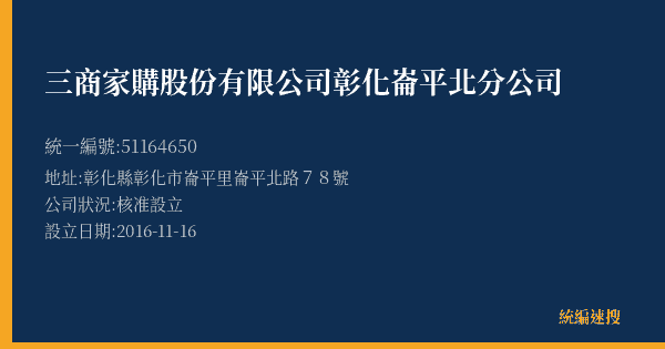 三商家購股份有限公司彰化崙平北分公司的照片-統編 51164650(彰化縣) 公司登記資料與營業項目詳細圖表