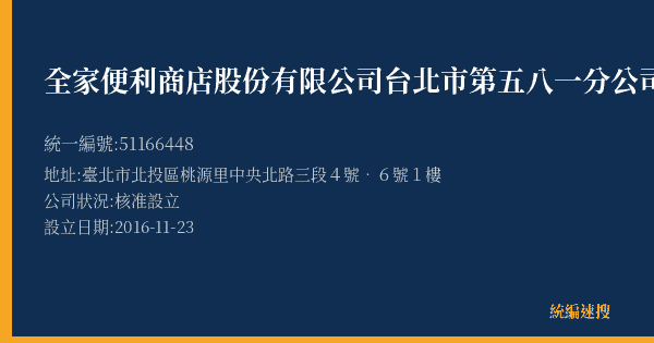 全家便利商店股份有限公司台北市第五八一分公司的照片-統編 51166448(臺北市) 公司登記資料與營業項目詳細圖表