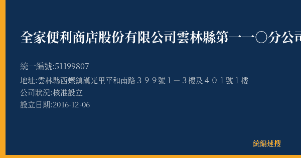 全家便利商店股份有限公司雲林縣第一一○分公司的照片-統編 51199807(雲林縣) 公司登記資料與營業項目詳細圖表