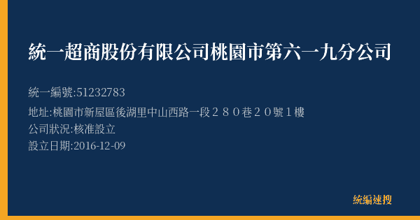 統一超商股份有限公司桃園市第六一九分公司的照片-統編 51232783(桃園市) 公司登記資料與營業項目詳細圖表