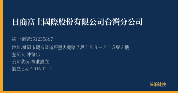 日商富士國際股份有限公司台灣分公司的照片-統編 51235867(桃園市) 公司登記資料與營業項目詳細圖表