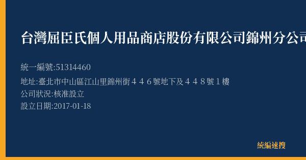 台灣屈臣氏個人用品商店股份有限公司錦州分公司的照片-統編 51314460(臺北市) 公司登記資料與營業項目詳細圖表